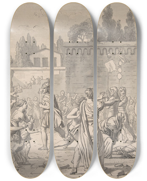 Triptych art skateboard deck of Christoffer Wilhelm Eckersberg The Surviving Horatian by Christoffer Wilhelm Eckersberg (1783-1853)