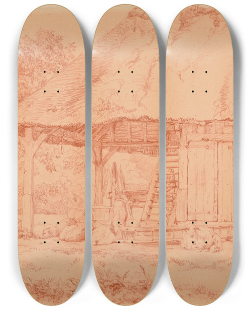 Triptych art skateboard deck of Jacquesraymond Brascassat Intrieur De Ferme by Jacques Raymond Brascassat (1804-1867)