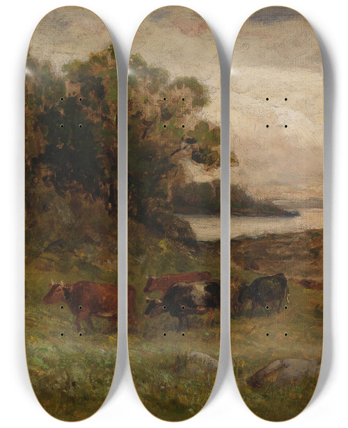 Triptych art skateboard deck of Edward Mitchell Bannister Untitled Five Cows Grazing With Trees And River In Background by Edward Mitchell Bannister (1828-1901)