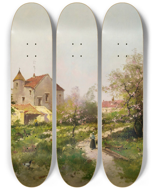 Triptych art skateboard deck of Eugne Galienlaloue Rural Scene In The Barbizon Suburbs by Eugene Galien Laloue (1854-1941)
