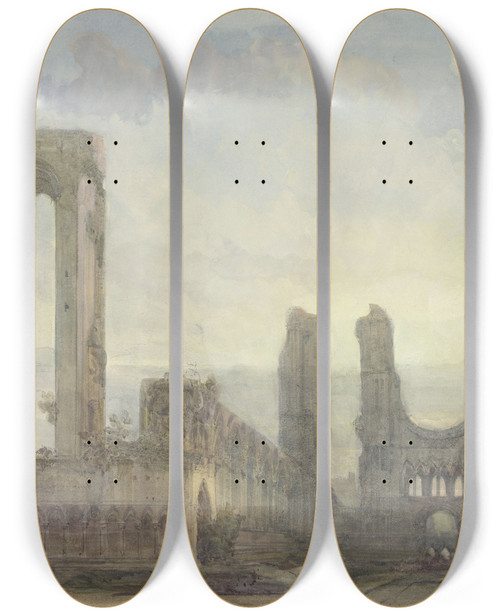 Triptych art skateboard deck of David Roberts Abdijrune Van Aberbrothwick Bij Avond by David Roberts (1796-1864)