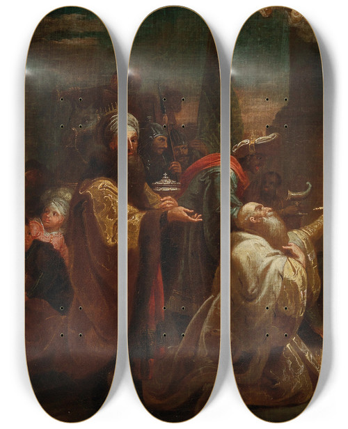 Triptych art skateboard deck of Johann Josef Karl Henrici Adoration Of The Kings by Johann Josef Karl Henrici (1737-1823)