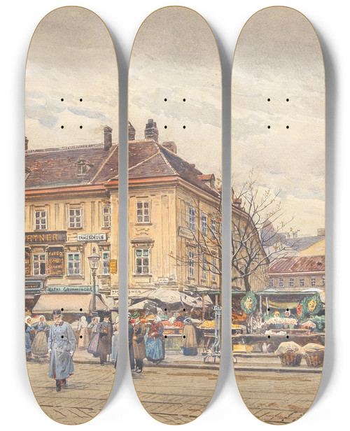 Triptych art skateboard deck of Ernst Graner Kaiser Franz Joseph Berquert Den Naschmarkt by Ernst Graner (1865-1943)