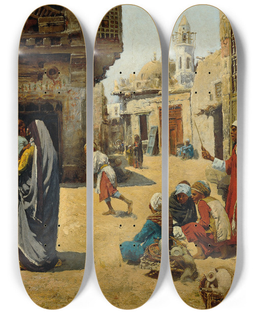 Triptych art skateboard deck of Alphons Leopold Mielich Straenbild In Kairo by Alphons Leopold Mielich (1863-1929)