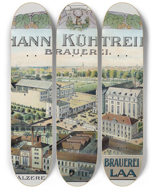 Triptych art skateboard deck of Johann Khtreiber Brauerei Plakat by Johann Kuhtreiber (19-20-)