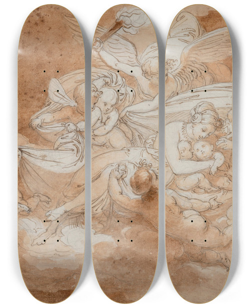 Triptych art skateboard deck of Tommaso Minardi Latona With Apollo And Diana Being Transported On The Orders Of Jupiter To The Island by Tommaso Minardi (1787-1871)