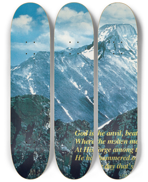 Triptych art skateboard deck of Us Information Agency Scenically Yours Longs Peak Colorado by U S Information Agency (1953-1999)