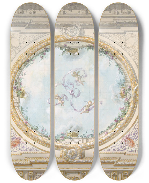 Triptych art skateboard deck of Julesedmondcharles Lachaise Design For A Ceiling In Rococo Style With A Trompe Loeil Oculus by Jules-Edmond-Charles Lachaise (1897)