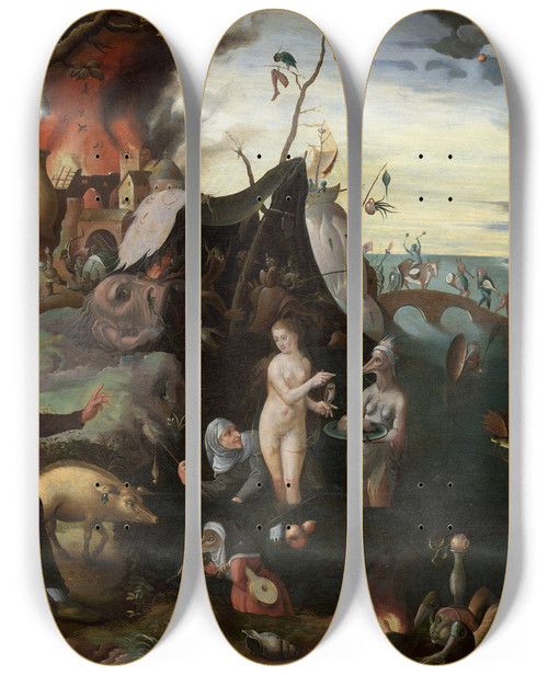Triptych art skateboard deck of Pieter Huys The Temptation Of Saint Anthony by Pieter Huys (1520-1584)