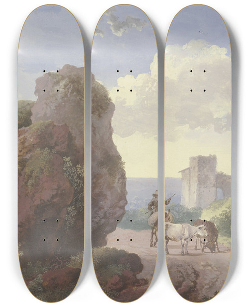 Triptych art skateboard deck of Johann Georg Wagner Ein Groer Fels Neben Einem Weg Mit Hirten Und Vieh Rechts Eine Ruine by Johann Georg Wagner (1732-1767)