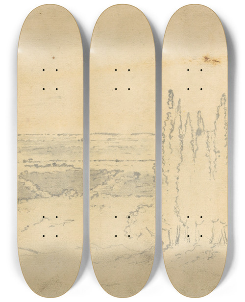 Triptych art skateboard deck of Joseph Wright Of Derby Landscape With Cedars And Buildings by Joseph Wright Of Derby (1734-1797)