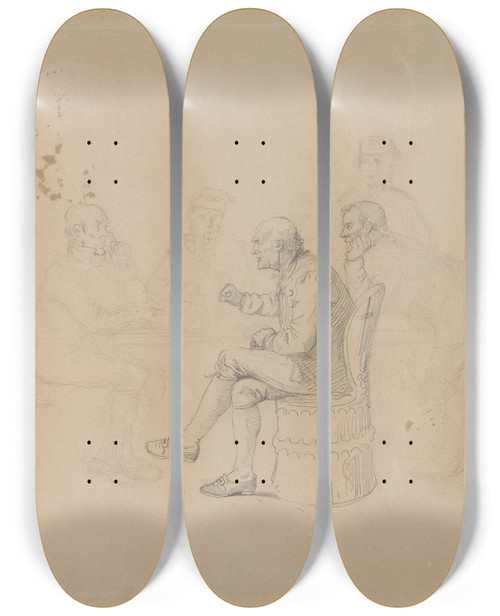 Triptych art skateboard deck of Adolph Tidemand Menn I Samtale Rundt Bord by Adolph Tidemand (1814-1876)