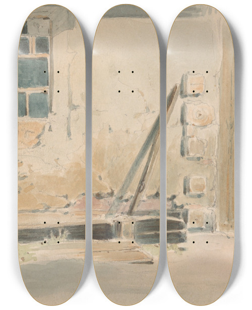 Triptych art skateboard deck of Friedrich Carl Von Scheidlin On The Porch by Friedrich Carl Von Scheidlin (1822-1913)