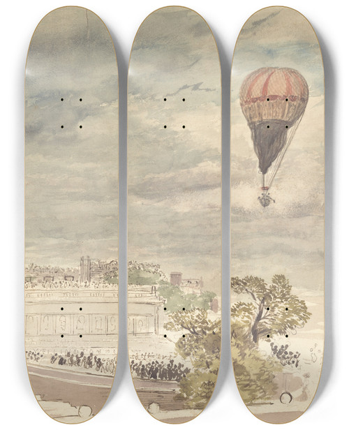 Triptych art skateboard deck of John Linnell Ascent Of Balloon From Burlington House Piccadilly From The Window At Mr B Palmers by John Linnell (1792-1882)