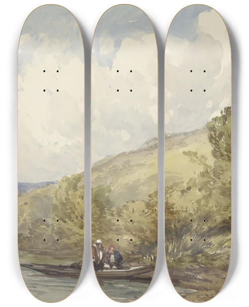 Triptych art skateboard deck of William Callow Heuvellandschap Met Een Meer En Een Boot Met Twee Figuren by William Callow (1812-1908)