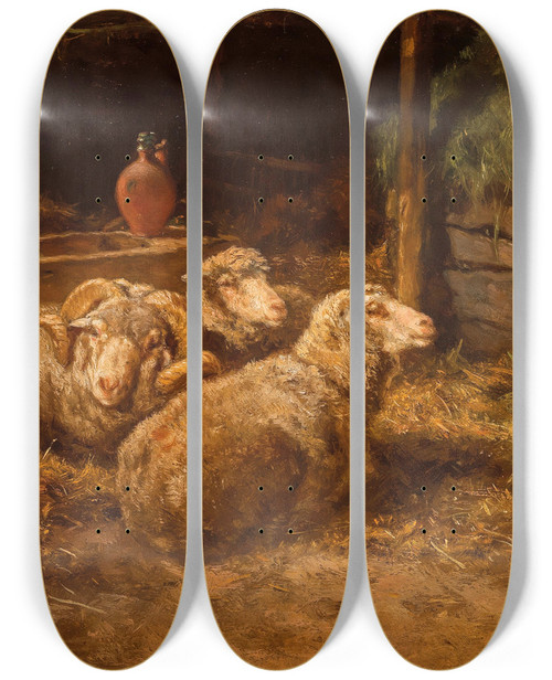 Triptych art skateboard deck of Anton Schrdl Schafe Im Stall by Anton Schrodl (1820-1906)
