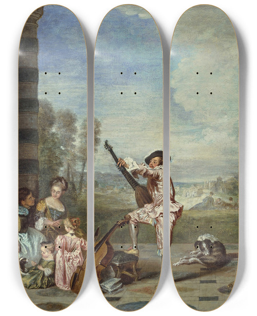 Triptych art skateboard deck of Jeanantoine Watteau Les Charmes De La Vie The Attractions Of Life by Jean-Antoine Watteau (1684-1721)