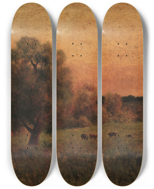 Triptych art skateboard deck of George Inness Cows In A Field by George Inness (1825-1894)