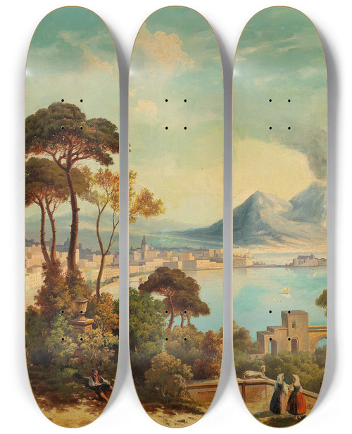 Triptych art skateboard deck of Ferdinand Lepie View Of Naples With Vesuvius In The Background by Ferdinand Lepie (1824-1883)