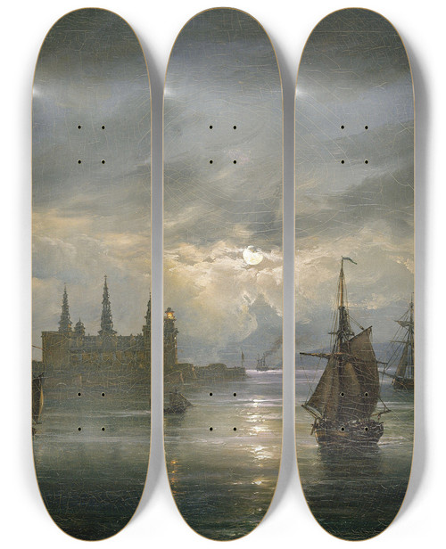 Triptych art skateboard deck of Johan Christian Dahl Kronborg Castle In Moonlight by Johan Christian Dahl (1788-1857)