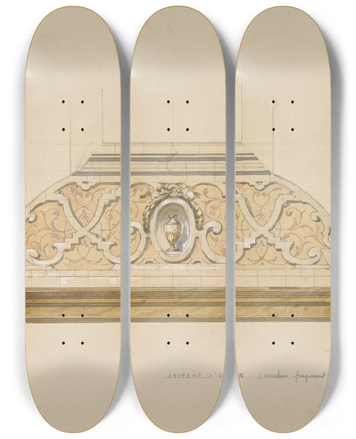 Triptych art skateboard deck of Julesedmondcharles Lachaise Design For The Decoration Of The Stairway In The Chateau Dognon Of M Demachy Oise France by Jules-Edmond-Charles Lachaise (1897)