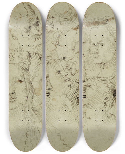 Triptych art skateboard deck of Hans Baldung Studies Of Heads by Hans Baldung (1484-1545)