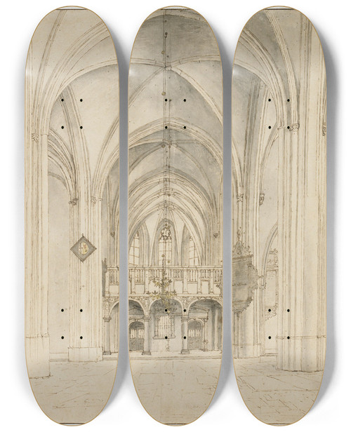 Triptych art skateboard deck of Pieter Jansz Saenredam View Of The Nave And Choir Of The Sintcunerakerk Rhenen Looking East by Pieter Jansz Saenredam (1597-1665)