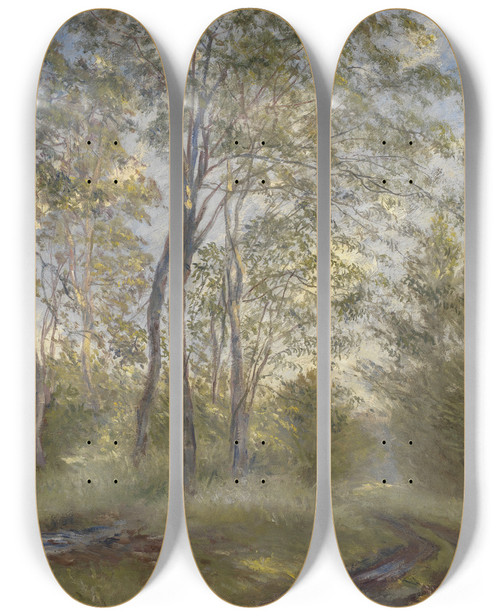 Triptych art skateboard deck of Theodor Philipsen A River Near Meilgrd Manor Jutland by Theodor Philipsen (1840-1920)