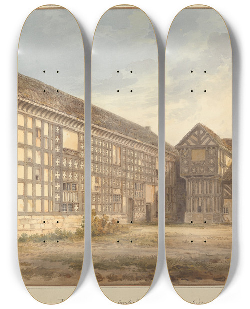 Triptych art skateboard deck of John Buckler North East View Of Samlesbury Hall Lancashire by John Buckler (1770-1851)
