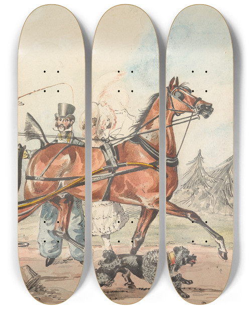 Triptych art skateboard deck of Henry Thomas Alken Sporting Discoveries Or The Miseries Of Driving You Discover You Have Overlooked A Small Post On You Whip Hand by Henry Thomas Alken (1785-1851)