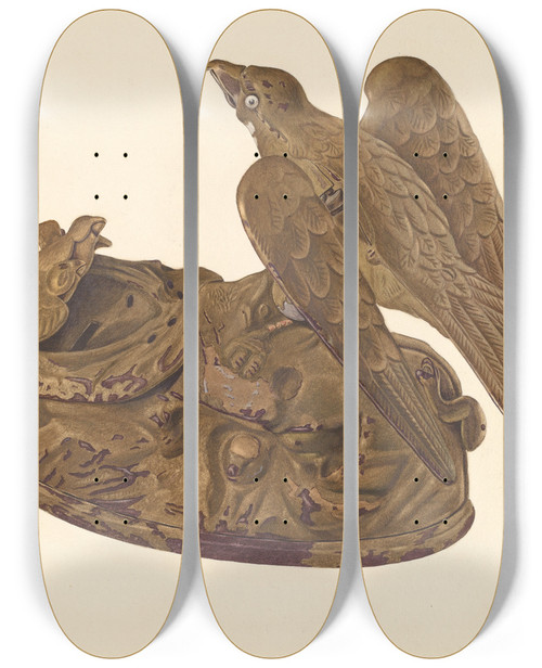 Triptych art skateboard deck of American 20Th Century Toy Bank Bird Feeding Its Young by American 20Th Century