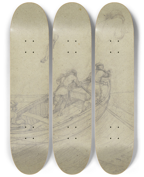 Triptych art skateboard deck of Carl Morgenstern Boot Bei Capri Mit Drei Fischern Bemannt by Carl Morgenstern (1811-1893)