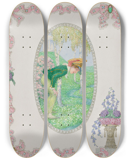Triptych art skateboard deck of Heinrich Lefler Boy And Girl by Heinrich Lefler (1863-1919)