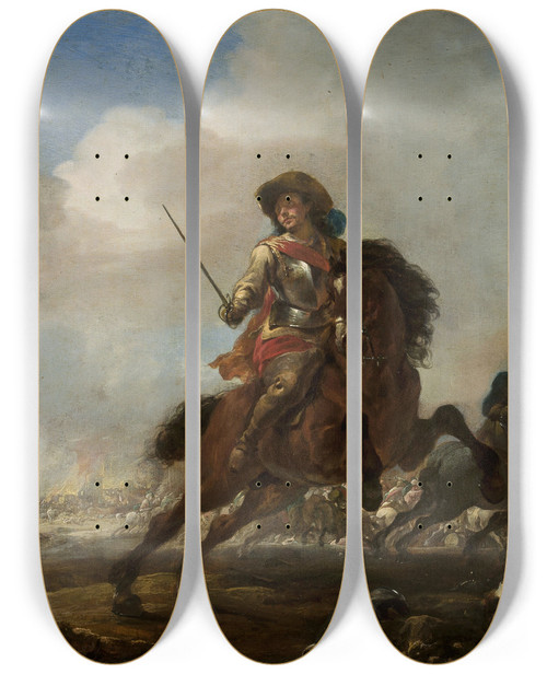 Triptych art skateboard deck of Jan Baptist Weenix Battle At The Foot Of The Mountain by Jan Baptist Weenix (1621-1660)