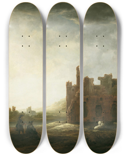 Triptych art skateboard deck of Aelbert Cuyp Landscape With The Ruins Of Rijnsburg Abbey by Aelbert Cuyp (1620-1691)