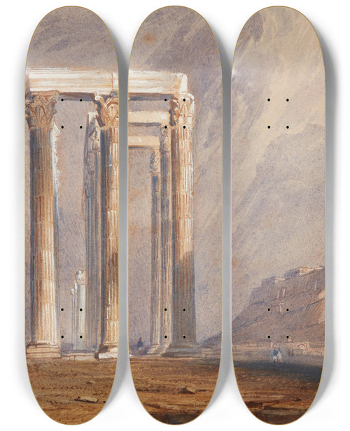 Triptych art skateboard deck of Clarkson Stanfield The Temple Of Jupiter Olympus Athens by Clarkson Stanfield (1793-1867)