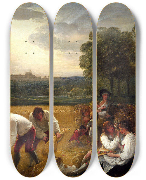Triptych art skateboard deck of Benjamin West Harvesting At Windsor by Benjamin West (1738-1820)