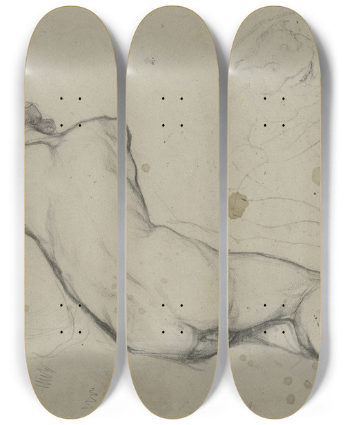 Triptych art skateboard deck of Victor Mller Lagernder Mnnlicher Akt In Rckansicht Mit Angedeuteter Draperie by Victor Muller (1829-1871)