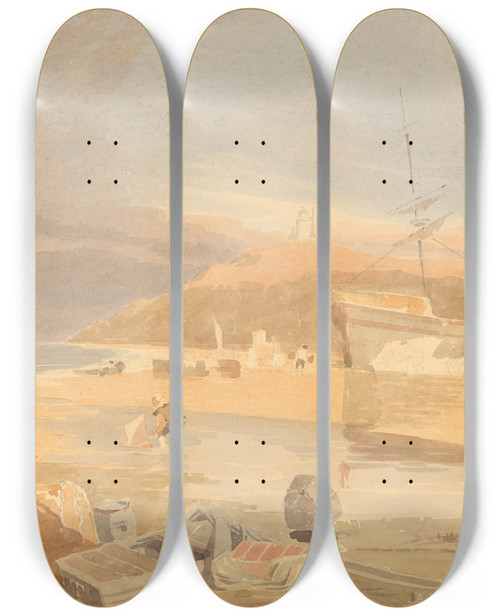 Triptych art skateboard deck of John Thirtle Shore Scene With Sailing Ship At Quay by John Thirtle (1777-1839)