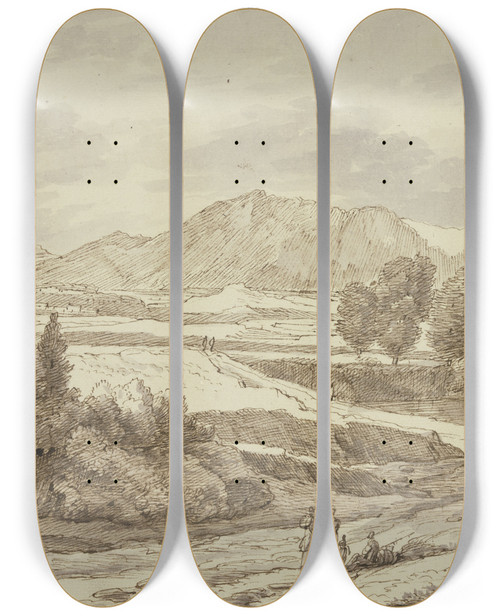 Triptych art skateboard deck of Jacob Esselens Ebene Vor Dem Gebirge Rechts Ein See Auf Dem Weg Verschiedene Figuren by Jacob Esselens (1626-1687)