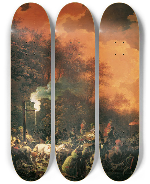 Triptych art skateboard deck of Johann Josef Schindler Das Ende Des Stuwerschen Feuerwerkes Am 7 Mai 1833 by Johann Josef Schindler (1777-1836)