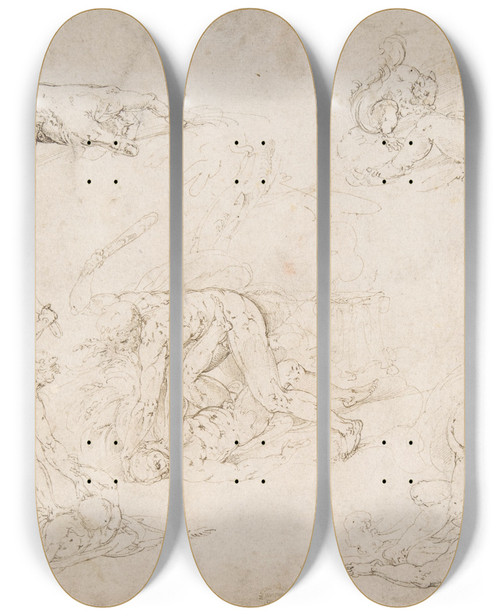 Triptych art skateboard deck of Battista Franco Figure Studies Three Sketches Of Cain Killing Abel With An Altar Of Sacrifice At Center Two Standing Women A Hand And A Seated Child With A Squirrel by Battista Franco (1510-1561)