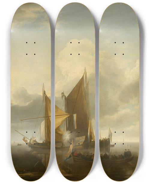 Triptych art skateboard deck of Jan Van De Cappelle Ships In A Calm by Jan van de Cappelle (1626-1679)