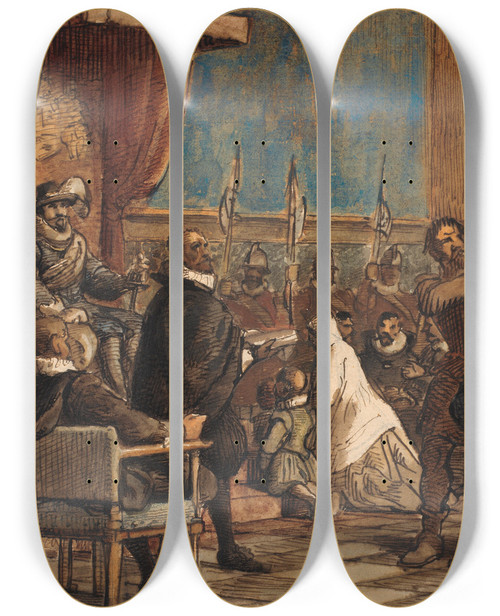 Triptych art skateboard deck of Wilhelm Marstrand Chr 4 Lader Bdlen Tage Ordenskden Og Svrdet Fra Falskneren Christopher Rosenkrantz by Wilhelm Marstrand (1810-1873)