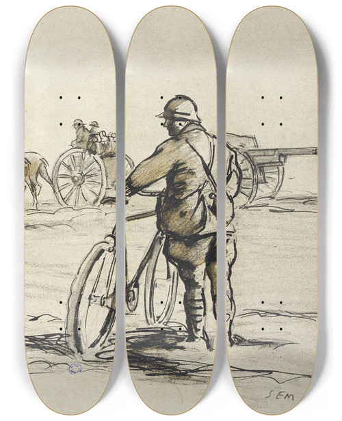 Triptych art skateboard deck of Georges Goursat Sem Soldat Bicyclette Regardant Passer Un Convoi by Georges Goursat (Sem) (1863-1934)