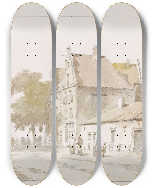 Triptych art skateboard deck of Adrianus Eversen Gezicht Te Sgravenhage by Adrianus Eversen (1818-1897)