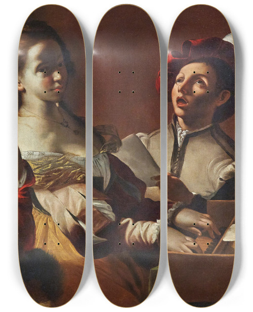 Triptych art skateboard deck of Mattia Preti Concertino With A Clavicord Player by Mattia Preti (1613-1699)
