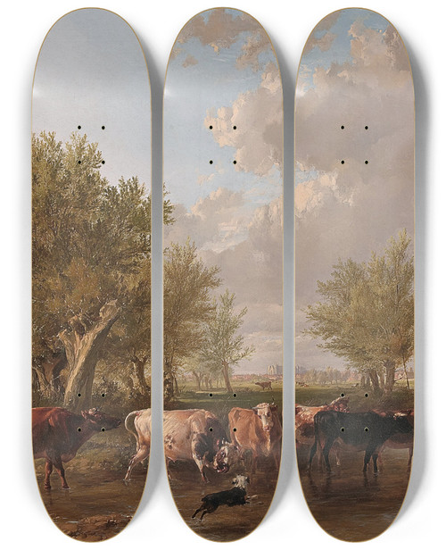 Triptych art skateboard deck of Thomas Sidney Cooper Fording A Brook Suburbs Of Canterbury by Thomas Sidney Cooper (1803-1902)