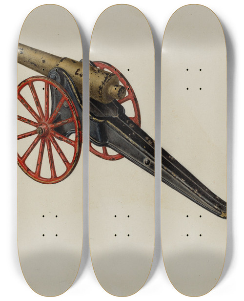 Triptych art skateboard deck of Charles Henning Toy Cannon by Charles Henning