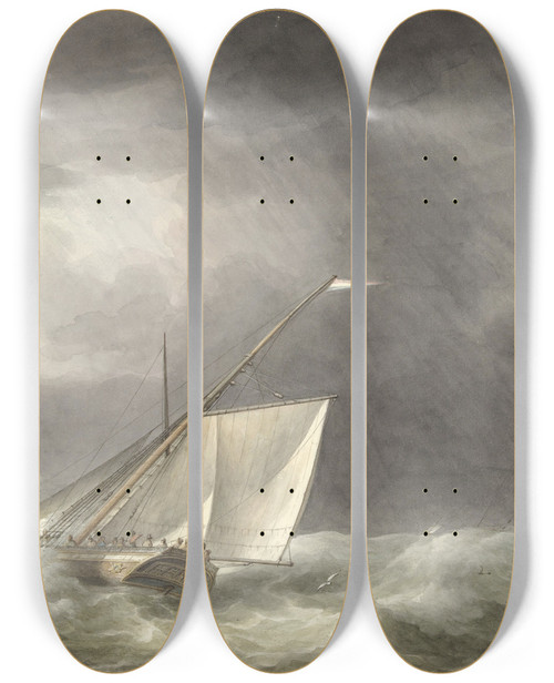 Triptych art skateboard deck of Martinus Schouman Twee Zeilschepen Op Woelige Zee by Martinus Schouman (1770-1848)
